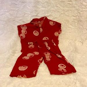 Hand sewn red doll shirt / pant outfit.